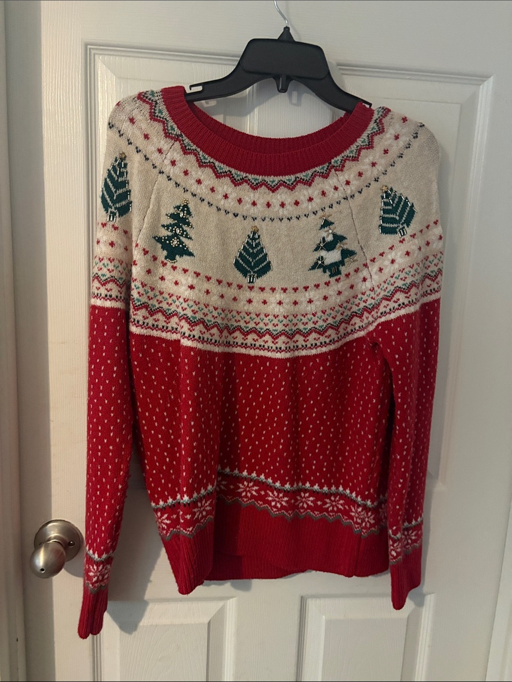 Holiday Time Red, Cream & Green Christmas Tree Crewneck Sweater